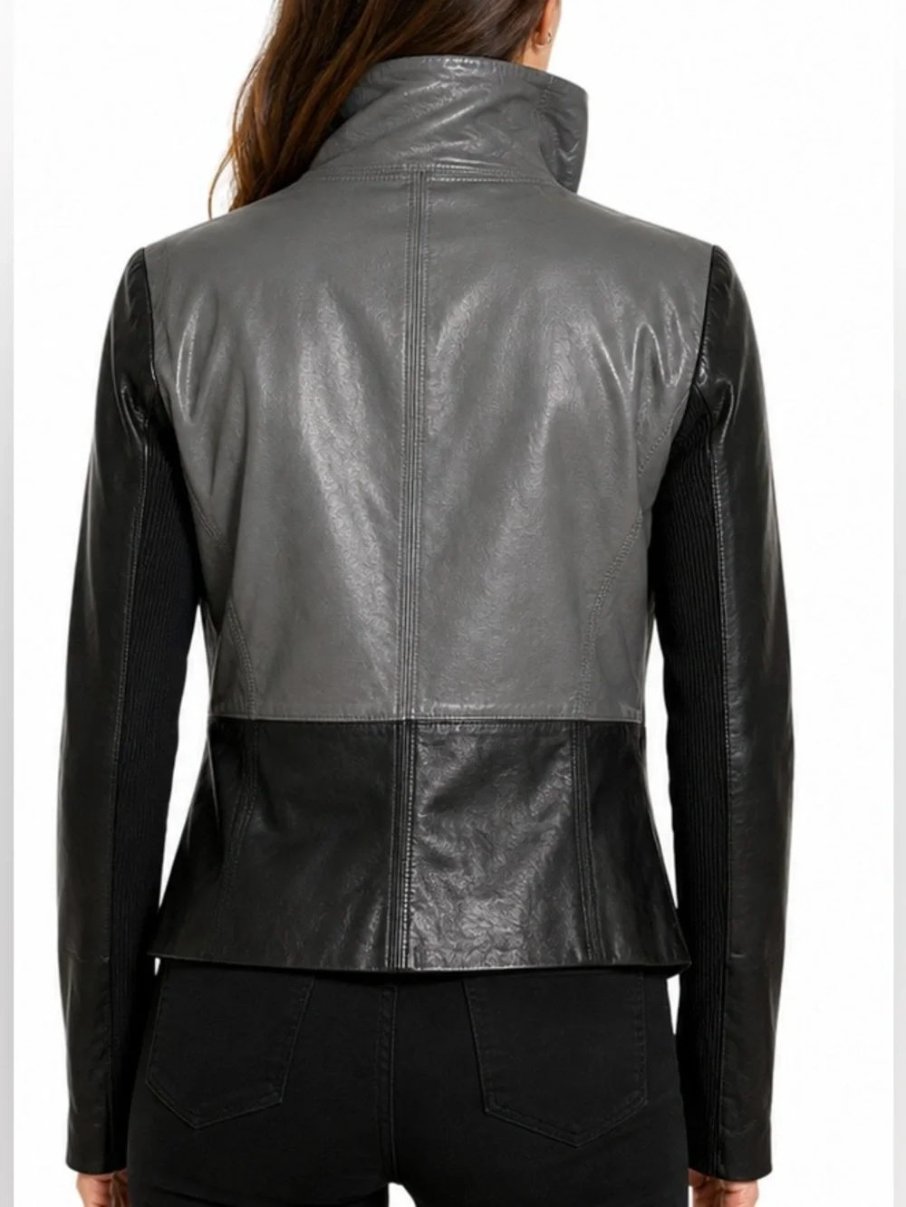 Vince Lambskin Leather Colorblock Moto Jacket Gray Black Size Small